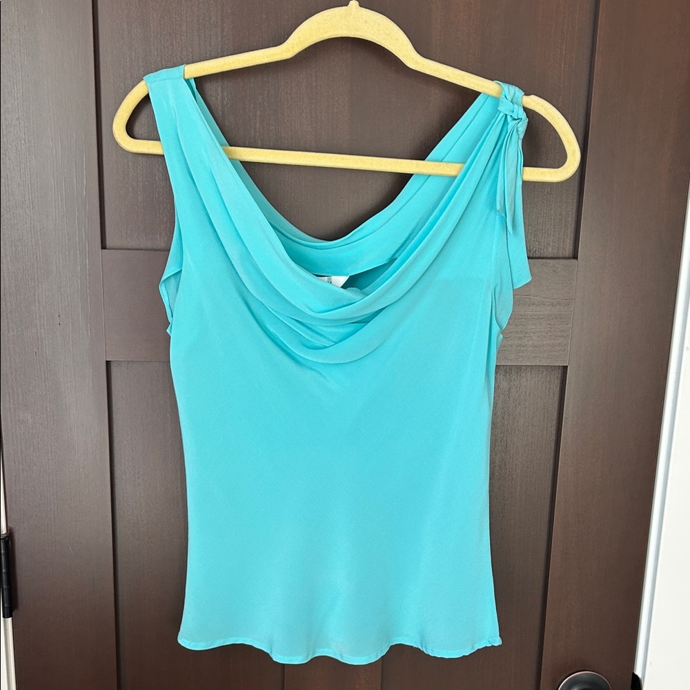 100% Silk Aqua Drape Neck Blouse